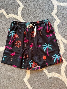 Men's Black Tropical Flamingo Hybrid Shorts with Pink & Teal Accents